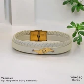 Doğum Ayına Özel 14 Ayar Altın Plakalı Yaprak Figürlü Hakiki Beyaz Derili Hediye Bileklik-376 thumbnail 2