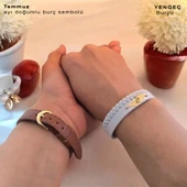 Doğum Ayına Özel 14 Ayar Altın Plakalı Yaprak Figürlü Hakiki Beyaz Derili Hediye Bileklik-376 thumbnail 4