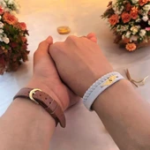 Harfe Özel 14 Ayar Altın Plakalı Yaprak Figürlü Hakiki Beyaz Derili Hediye Bileklik-376 thumbnail 4