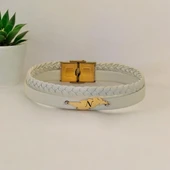 Harfe Özel 14 Ayar Altın Plakalı Yaprak Figürlü Hakiki Beyaz Derili Hediye Bileklik-376 thumbnail 2