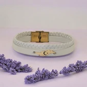 Sembole Özel Hakiki Beyaz Derili 14 Ayar Altın Plakalı Yaprak Figürlü Hediye Bileklik-376 thumbnail 2