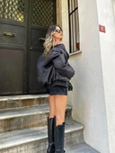 Kadın Düz Bomber Ceket - Siyah thumbnail 8