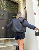 Kadın Düz Bomber Ceket - Siyah thumbnail 2