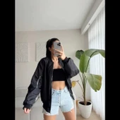 Unisex İçi Astarlı Düz Bomber Ceket - Siyah thumbnail 5