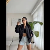 Unisex İçi Astarlı Düz Bomber Ceket - Siyah thumbnail 1