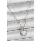 316L Çelik Gümüş Renk Zincir Zirkon Taşlı Beyaz Mineli Kalp Model Kadın Kolye Vice-5353 - 1