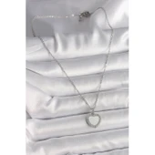 316L Çelik Gümüş Renk Zincir Zirkon Taşlı Beyaz Mineli Kalp Model Kadın Kolye Vice-5353 - 2