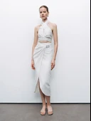 Metal Aksesuarlı Çizgili Keten Midi Etek Nocturne thumbnail 3