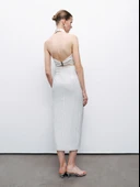 Metal Aksesuarlı Çizgili Keten Midi Etek Nocturne thumbnail 2