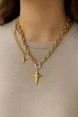 bettin tasarım Altın Renk Çelik Yıldız Uçlu Kalın Zincir Kadın Kolye thumbnail 2