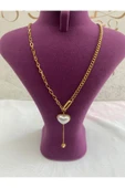 bettin tasarım Altın Renk Kalın Zincirli İncili Kalp Uçlu Kadın Çelik Kolye thumbnail 8
