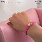 Burca Özel Kalp Detaylı Oval Motifli Doğal Pembe Derili 14 Ayar Altın Plakalı Hediye Bileklik-377 thumbnail 1