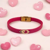 Sembole Özel Doğal Pembe Derili 14 Ayar Altın Plakalı Kalp Detaylı Oval Motifli Hediye Bileklik-377 thumbnail 2