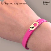 Burca Özel Kalp Detaylı Oval Motifli Doğal Pembe Derili 14 Ayar Altın Plakalı Hediye Bileklik-377 thumbnail 3
