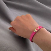 Sembole Özel Doğal Pembe Derili 14 Ayar Altın Plakalı Kalp Detaylı Oval Motifli Hediye Bileklik-377 thumbnail 1