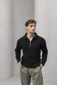 Gibson Oversize Yarım Fermuar Gömlek Polo Yaka Selanik Örme Erkek Triko Kazak - Siyah thumbnail 6