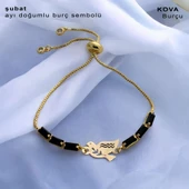 Doğum Ayına Özel 14 Ayar Altın Plakalı Kuş Figürlü Zincirli Siyah Taş Desenli Hediye Bileklik-378 thumbnail 1