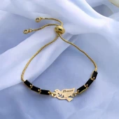 İsme Özel Kuş Figürlü Zincirli Siyah Taş Desenli 14 Ayar Altın Plakalı Hediye Bileklik-378 thumbnail 1