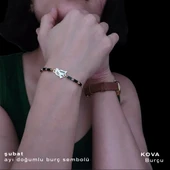 Doğum Ayına Özel 14 Ayar Altın Plakalı Kuş Figürlü Zincirli Siyah Taş Desenli Hediye Bileklik-378 thumbnail 3