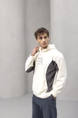Frank Parçalı Kontrast Desenli Kapüşonlu Oversize Cepli Polar Erkek Sweatshirt - Ekru thumbnail 6
