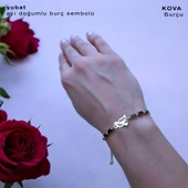 Doğum Ayına Özel 14 Ayar Altın Plakalı Kuş Figürlü Zincirli Siyah Taş Desenli Hediye Bileklik-378 thumbnail 2