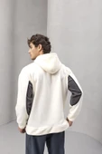 Frank Parçalı Kontrast Desenli Kapüşonlu Oversize Cepli Polar Erkek Sweatshirt - Ekru thumbnail 7
