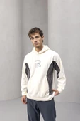 Frank Parçalı Kontrast Desenli Kapüşonlu Oversize Cepli Polar Erkek Sweatshirt - Ekru thumbnail 2