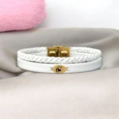 Harfe Özel Sevgililer Günü İçin 14 Ayar Altın Plakalı Oval Motifli Doğal Beyaz Derili Hediye Bileklik-380 thumbnail 1