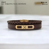 Doğum Ayına Özel 14 Ayar Altın Plakalı Dikdörtgen Motifli Hakiki Kahverengi Derili Hediye Bileklik-379 thumbnail 2