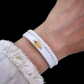 İsme Özel Oval Motifli Doğal Beyaz Derili Sevgililer Günü İçin 14 Ayar Altın Plakalı Hediye Bileklik-380 thumbnail 2