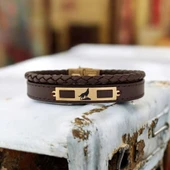 Sembole Özel Hakiki Kahverengi Derili 14 Ayar Altın Plakalı Dikdörtgen Motifli Hediye Bileklik-379 thumbnail 2