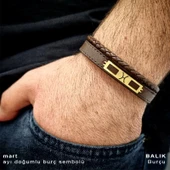 Doğum Ayına Özel 14 Ayar Altın Plakalı Dikdörtgen Motifli Hakiki Kahverengi Derili Hediye Bileklik-379 thumbnail 1