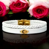 Sembole Özel Doğal Beyaz Derili Sevgililer Günü İçin 14 Ayar Altın Plakalı Oval Motifli Hediye Bileklik-380 thumbnail 1