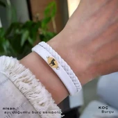 Burca Özel Oval Motifli Doğal Beyaz Derili Sevgililer Günü İçin 14 Ayar Altın Plakalı Hediye Bileklik-380 thumbnail 2