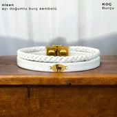 Burca Özel Oval Motifli Doğal Beyaz Derili Sevgililer Günü İçin 14 Ayar Altın Plakalı Hediye Bileklik-380 thumbnail 1