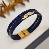İsme Özel Bıyık Motifli Hakiki Lacivert Derili 14 Ayar Altın Plakalı Hediye Bileklik-384 thumbnail 1
