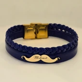 İsme Özel Bıyık Motifli Hakiki Lacivert Derili 14 Ayar Altın Plakalı Hediye Bileklik-384 thumbnail 3