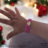 Doğum Ayına Özel 14 Ayar Altın Plakalı Çiçek Figürlü Doğal Pembe Derili Hediye Bileklik-383 thumbnail 1
