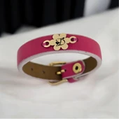 Harfe Özel 14 Ayar Altın Plakalı Çiçek Figürlü Doğal Pembe Derili Hediye Bileklik-383 thumbnail 2