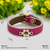 Burca Özel Çiçek Figürlü Doğal Pembe Derili 14 Ayar Altın Plakalı Hediye Bileklik-383 thumbnail 2