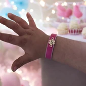 Harfe Özel 14 Ayar Altın Plakalı Çiçek Figürlü Doğal Pembe Derili Hediye Bileklik-383 thumbnail 1