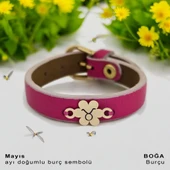 Doğum Ayına Özel 14 Ayar Altın Plakalı Çiçek Figürlü Doğal Pembe Derili Hediye Bileklik-383 thumbnail 2