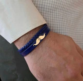 Harfe Özel 14 Ayar Altın Plakalı Bıyık Motifli Hakiki Lacivert Derili Hediye Bileklik-384 thumbnail 4