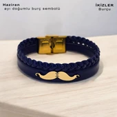 Doğum Ayına Özel 14 Ayar Altın Plakalı Bıyık Motifli Hakiki Lacivert Derili Hediye Bileklik-384 thumbnail 3