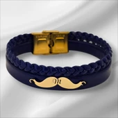 Harfe Özel 14 Ayar Altın Plakalı Bıyık Motifli Hakiki Lacivert Derili Hediye Bileklik-384 thumbnail 3