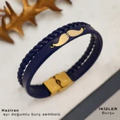 Doğum Ayına Özel 14 Ayar Altın Plakalı Bıyık Motifli Hakiki Lacivert Derili Hediye Bileklik-384 thumbnail 1