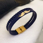 Harfe Özel 14 Ayar Altın Plakalı Bıyık Motifli Hakiki Lacivert Derili Hediye Bileklik-384 thumbnail 1