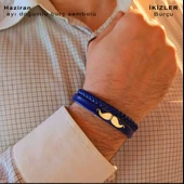 Doğum Ayına Özel 14 Ayar Altın Plakalı Bıyık Motifli Hakiki Lacivert Derili Hediye Bileklik-384 thumbnail 2