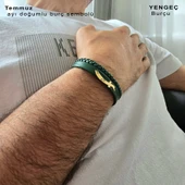 Doğum Ayına Özel 14 Ayar Altın Plakalı Kılıç Figürlü Hakiki Koyu Yeşil Derili Hediye Bileklik-385 thumbnail 4