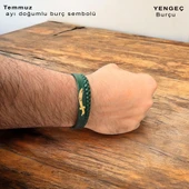 Doğum Ayına Özel 14 Ayar Altın Plakalı Kılıç Figürlü Hakiki Koyu Yeşil Derili Hediye Bileklik-385 thumbnail 3